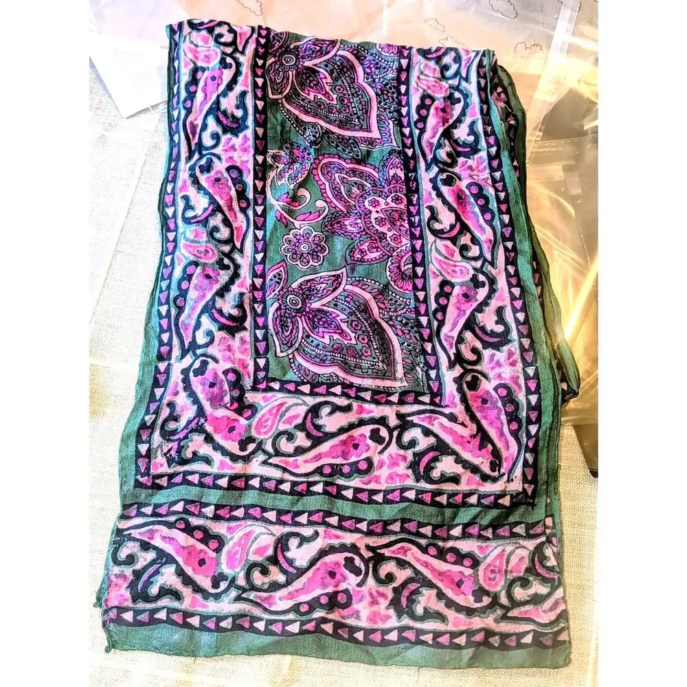100% Silk Paisley Floral Scarf 10.5 x 60 inch VTG Purple Green Pink